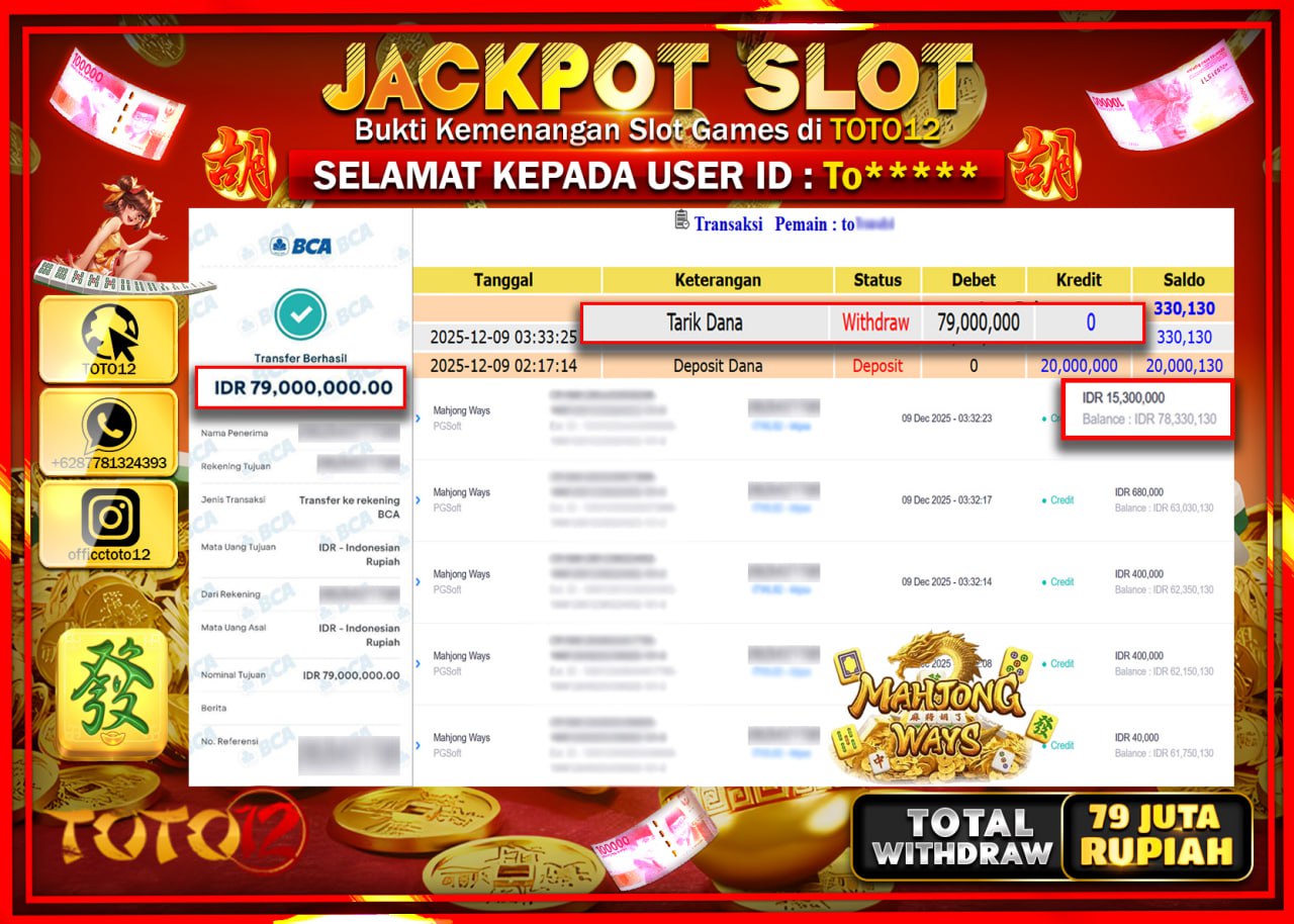 HANYA DI TOTO12 JP PASTI DI BAYAR LUNAS DAN CEPAT!!!!!! JACKPOT SLOT GAME (MAHJONG WAYS) Rp.79.000.000 !!!!