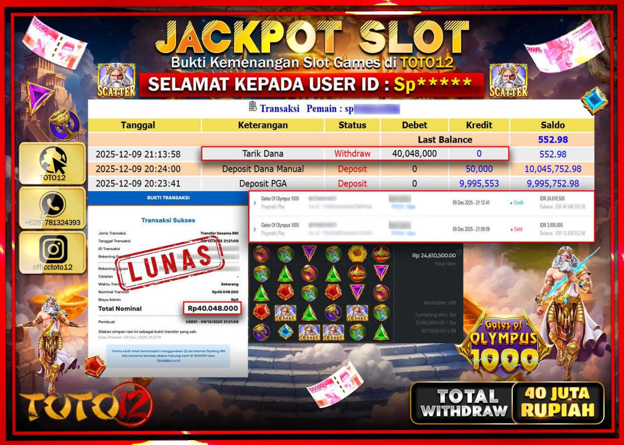 HANYA DI TOTO12 JP PASTI DI BAYAR LUNAS DAN CEPAT!!!!!! JACKPOT SLOT GAME (GATES OF OLYMPUS 1000) Rp.40.048.000 !!!!