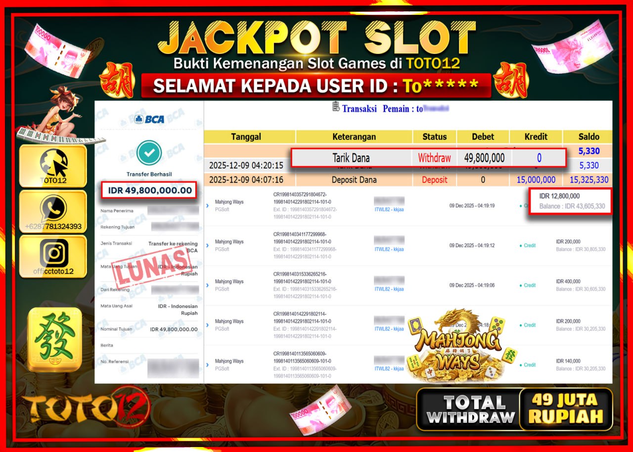 HANYA DI TOTO12 JP PASTI DI BAYAR LUNAS DAN CEPAT!!!!!! JACKPOT SLOT GAME (MAHJONG WAYS) Rp.49.800.000 !!!!