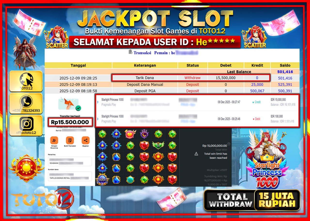 HANYA DI TOTO12 JP PASTI DI BAYAR LUNAS DAN CEPAT!!!!!! JACKPOT SLOT GAME (STARLIGHT PRINCESS 1000) Rp.15.500.000 !!!!
