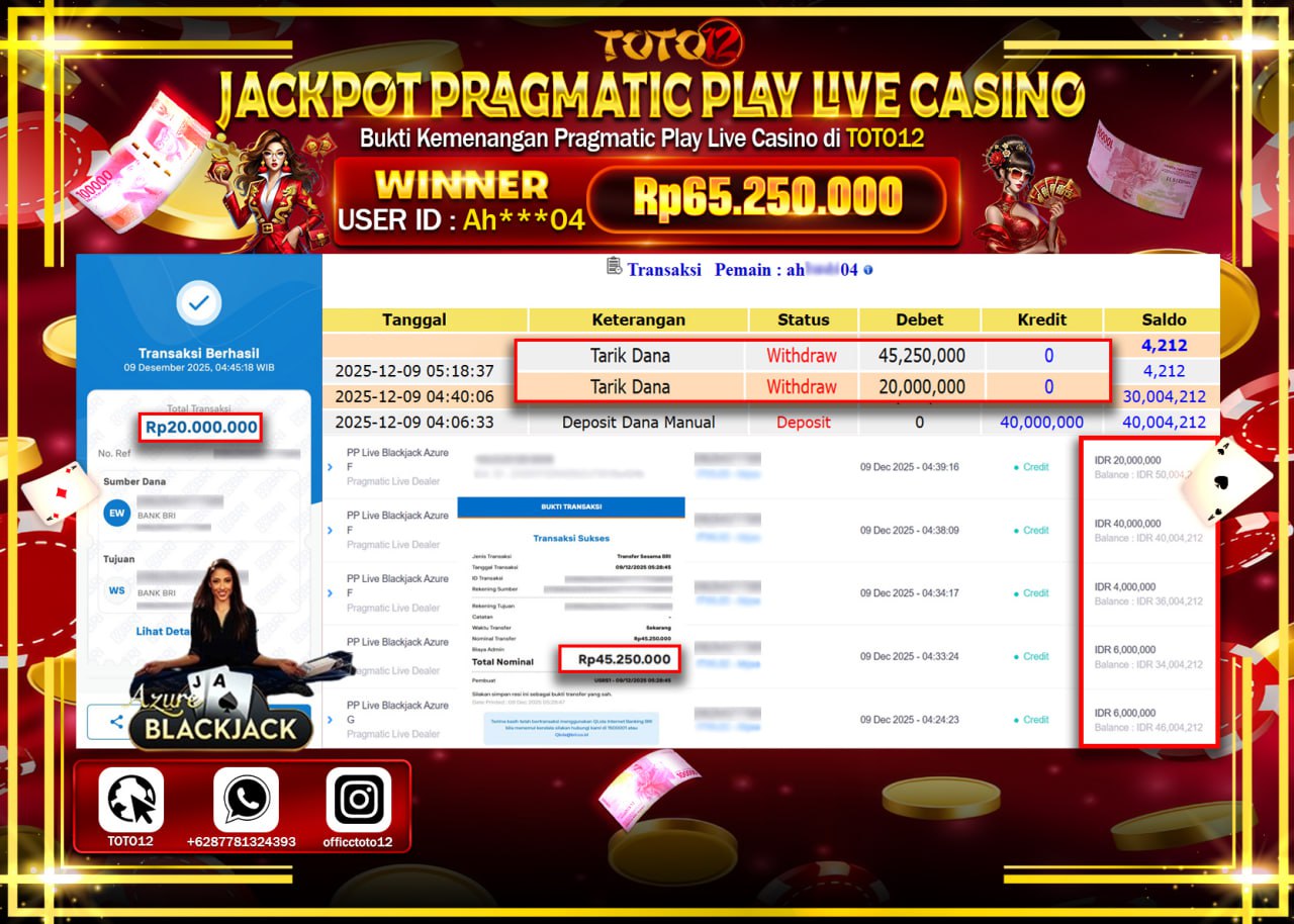 HANYA DI TOTO12 JP PASTI DI BAYAR LUNAS DAN CEPAT!!!!!! JACKPOT PRAGMATIC PLAY LIVE CASINO (BLACKJACK AZURE) Rp.65.250.000 !!!!