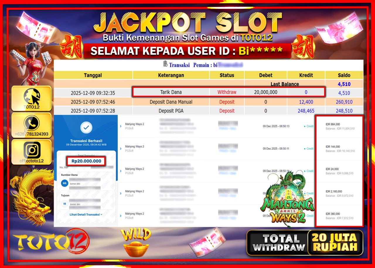 HANYA DI TOTO12 JP PASTI DI BAYAR LUNAS DAN CEPAT!!!!!! JACKPOT SLOT GAME (MAHJONG WAYS 2) Rp.20.000.000 !!!!