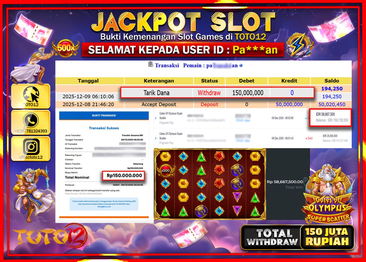 HANYA DI TOTO12 JP PASTI DI BAYAR LUNAS DAN CEPAT!!!!!! JACKPOT SLOT GAME (GATES OF OLYMPUS SUPER SCATTER) Rp.150.000.000 !!!!