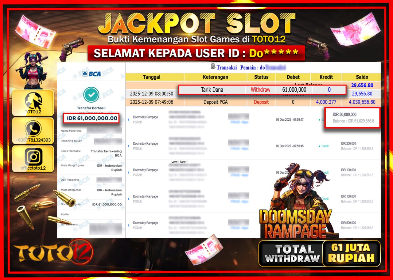 HANYA DI TOTO12 JP PASTI DI BAYAR LUNAS DAN CEPAT!!!!!! JACKPOT SLOT GAME (DOOMSDAY RAMPAGE) Rp.61.000.000 !!!!