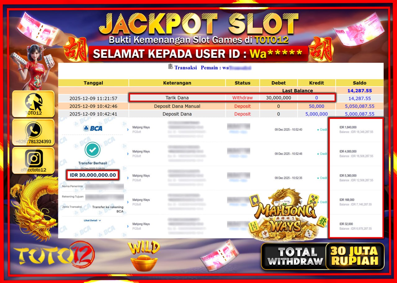 HANYA DI TOTO12 JP PASTI DI BAYAR LUNAS DAN CEPAT!!!!!! JACKPOT SLOT GAME (MAHJONG WAYS) Rp.30.000.000 !!!!