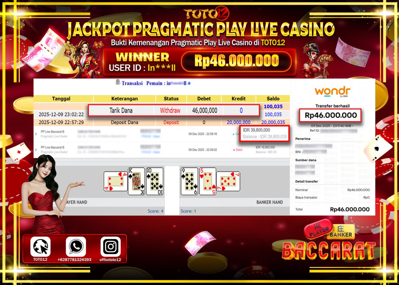 HANYA DI TOTO12 JP PASTI DI BAYAR LUNAS DAN CEPAT!!!!!! JACKPOT PRAGMATIC PLAY LIVE CASINO (BACCARAT) Rp.46.000.000 !!!!