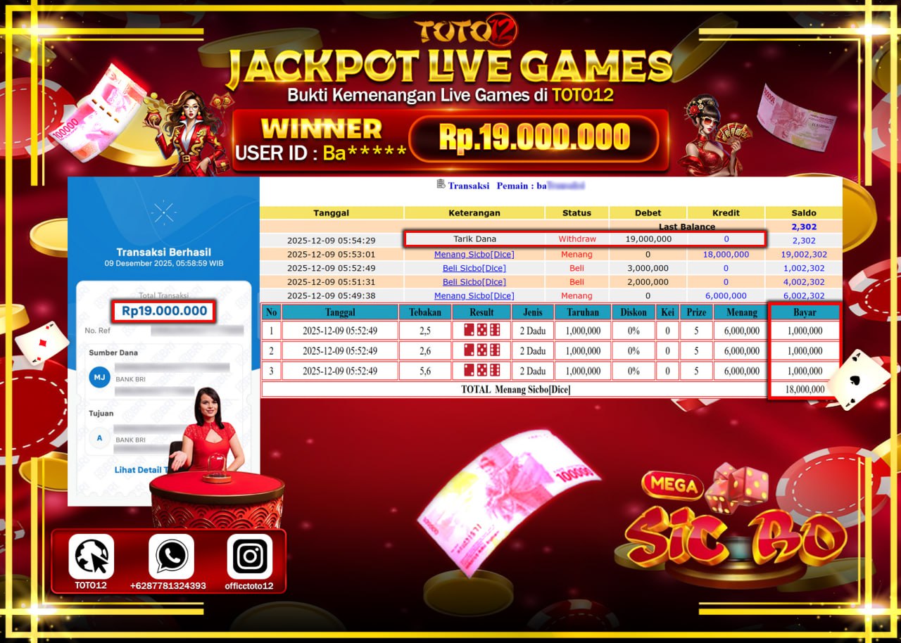 HANYA DI TOTO12 JP PASTI DI BAYAR LUNAS DAN CEPAT!!!!!! JACKPOT LIVE GAMES (SIC BO) Rp.19.000.000 !!!!