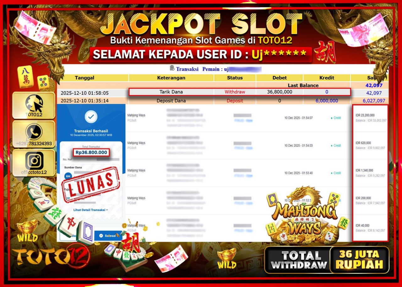 HANYA DI TOTO12 JP PASTI DI BAYAR LUNAS DAN CEPAT!!!!!! JACKPOT SLOT GAME (MAHJONG WAYS) Rp.36.800.000 !!!!