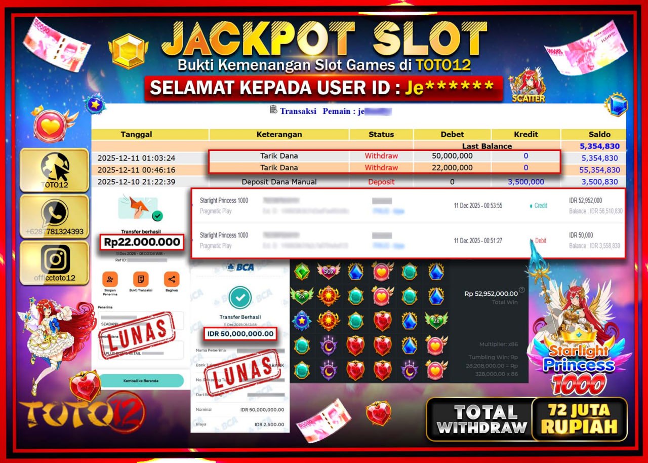 HANYA DI TOTO12 JP PASTI DI BAYAR LUNAS DAN CEPAT!!!!!! JACKPOT SLOT GAME (STARLIGHT PRINCESS 1000) Rp.72.000.000 !!!!