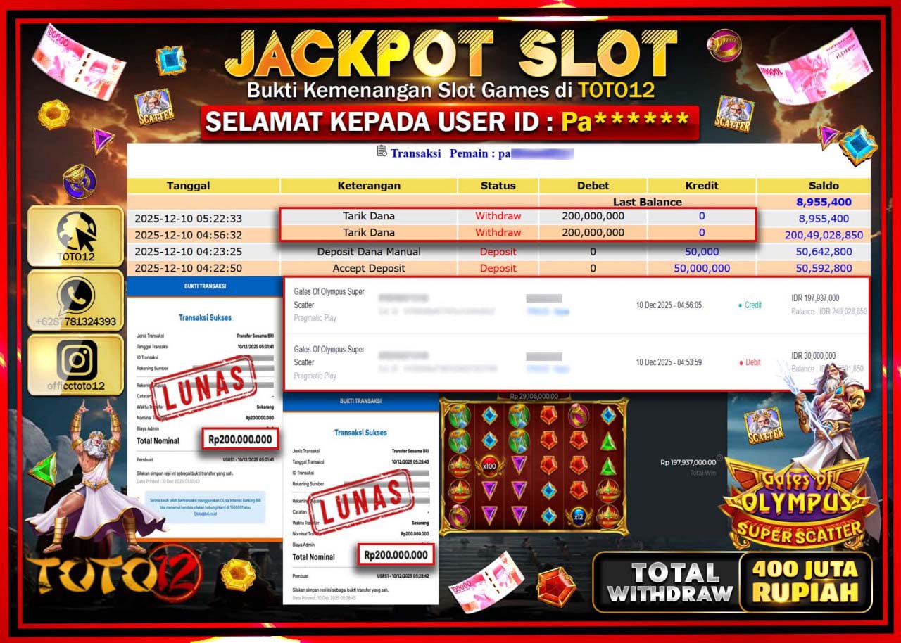 HANYA DI TOTO12 JP PASTI DI BAYAR LUNAS DAN CEPAT!!!!!! JACKPOT SLOT GAME (GATES OF OLYMPUS SUPER SCATTER) Rp.400.000.000 !!!!