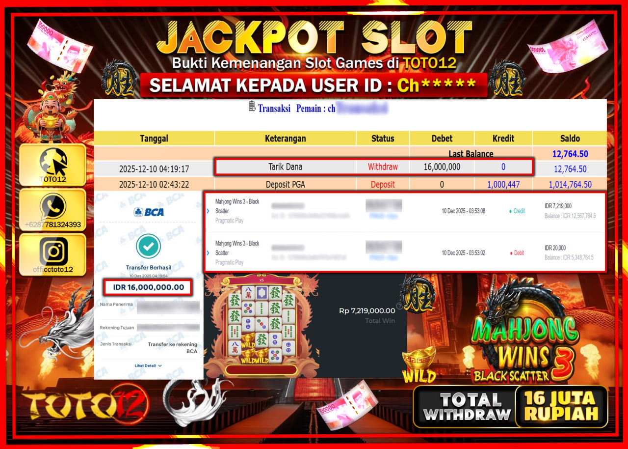 HANYA DI TOTO12 JP PASTI DI BAYAR LUNAS DAN CEPAT!!!!!! JACKPOT SLOT GAME (MAHJONG WINS 3 BLACK SCATTER) Rp.16.000.000 !!!!