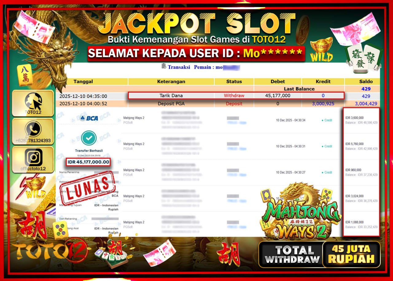 HANYA DI TOTO12 JP PASTI DI BAYAR LUNAS DAN CEPAT!!!!!! JACKPOT SLOT GAME (MAHJONG WAYS 2) Rp.45.177.000 !!!!