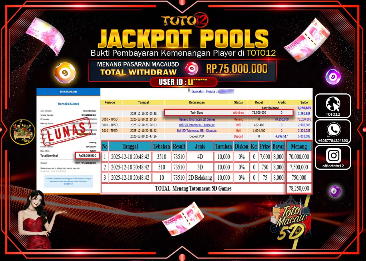 HANYA DI TOTO12 JP PASTI DI BAYAR LUNAS DAN CEPAT!!!!!! JACKPOT POOLS PASARAN (MACAU 5D) Rp.75.000.000 !!!!