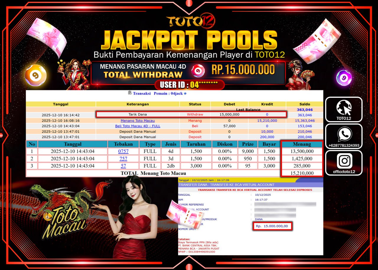 HANYA DI TOTO12 JP PASTI DI BAYAR LUNAS DAN CEPAT!!!!!! JACKPOT POOLS PASARAN (MACAU 4D) Rp.15.000.000 !!!!