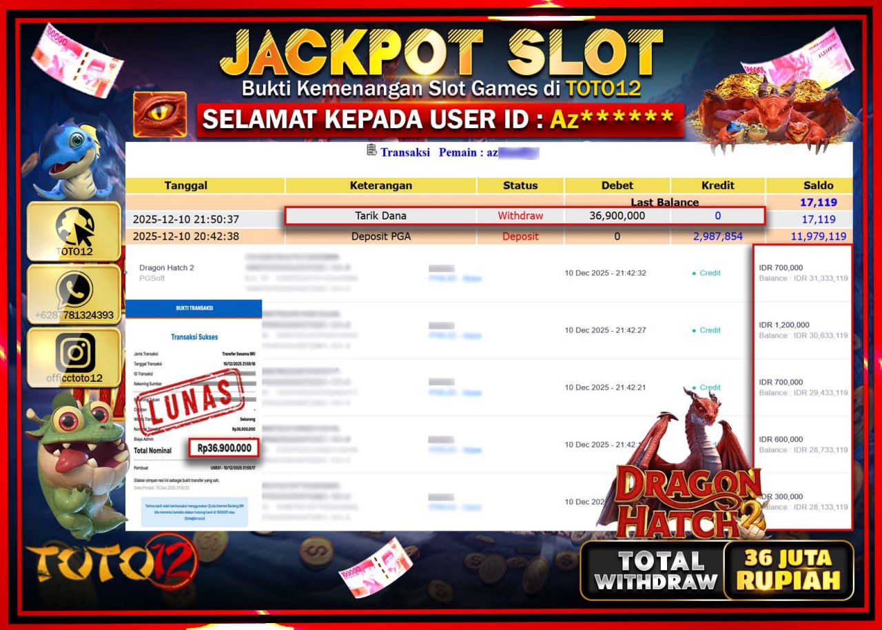 HANYA DI TOTO12 JP PASTI DI BAYAR LUNAS DAN CEPAT!!!!!! JACKPOT SLOT GAME (DRAGON HATCH) Rp.36.900.000 !!!!