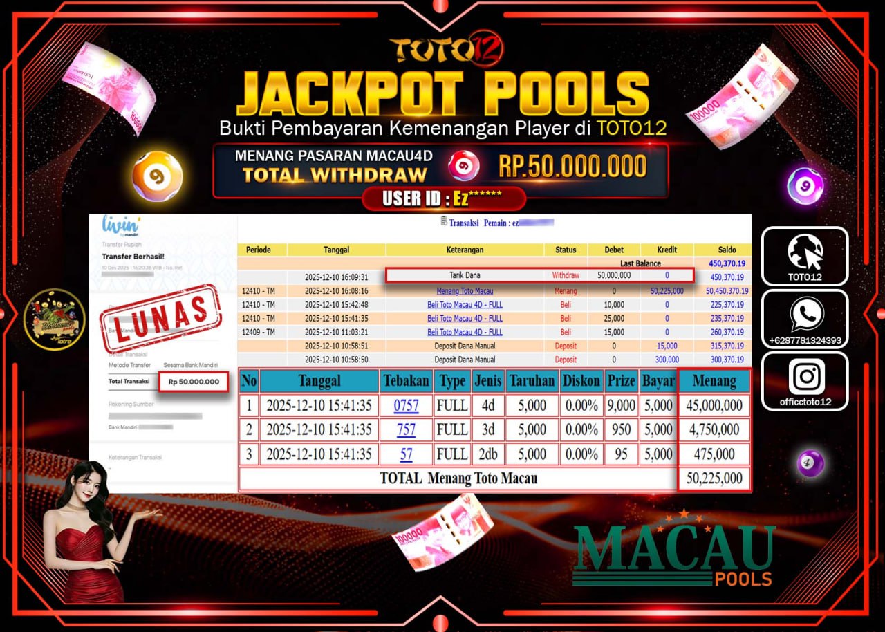 HANYA DI TOTO12 JP PASTI DI BAYAR LUNAS DAN CEPAT!!!!!! JACKPOT POOLS PASARAN (MACAU 4D) Rp.50.000.000 !!!!