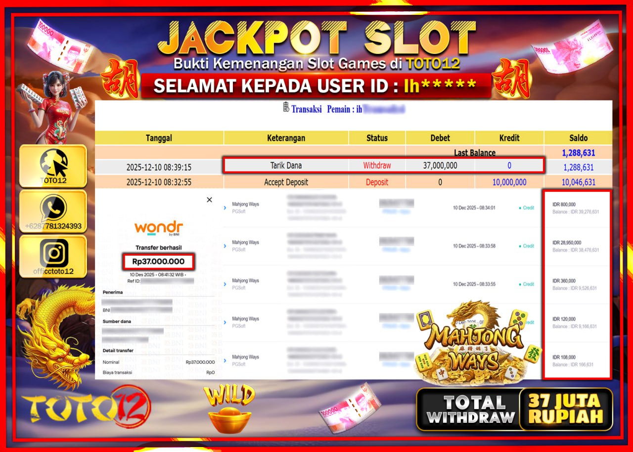 HANYA DI TOTO12 JP PASTI DI BAYAR LUNAS DAN CEPAT!!!!!! JACKPOT SLOT GAME (MAHJONG WAYS) Rp.37.000.000 !!!!