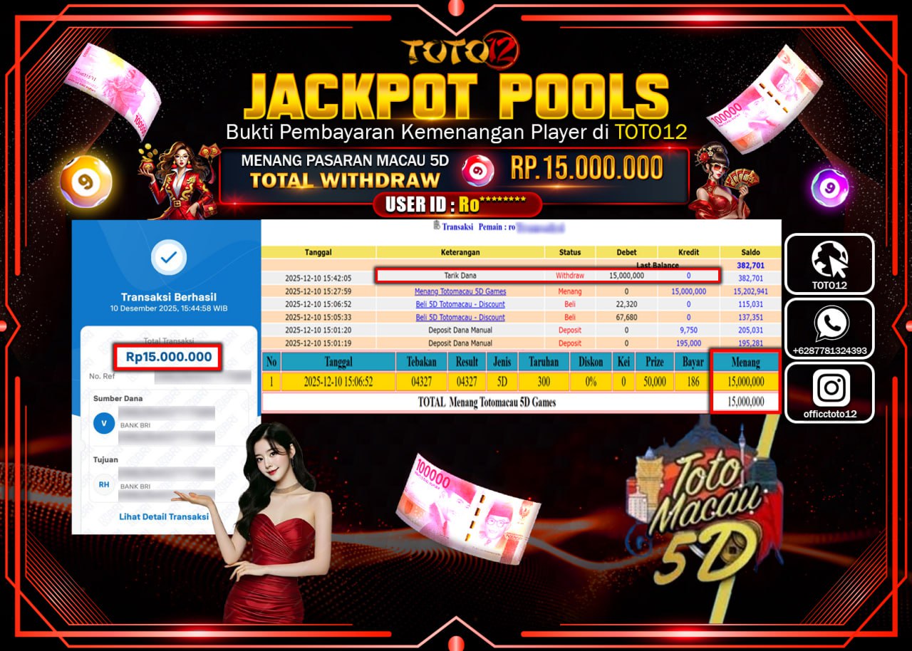 HANYA DI TOTO12 JP PASTI DI BAYAR LUNAS DAN CEPAT!!!!!! JACKPOT POOLS PASARAN (MACAU 5D) Rp.15.000.000 !!!!