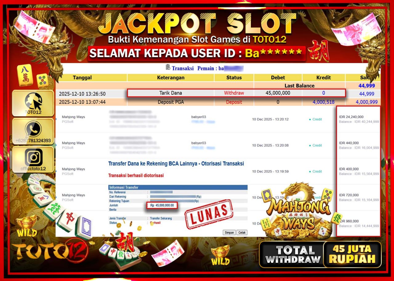 HANYA DI TOTO12 JP PASTI DI BAYAR LUNAS DAN CEPAT!!!!!! JACKPOT SLOT GAME (MAHJONG WAYS) Rp.45.000.000 !!!!