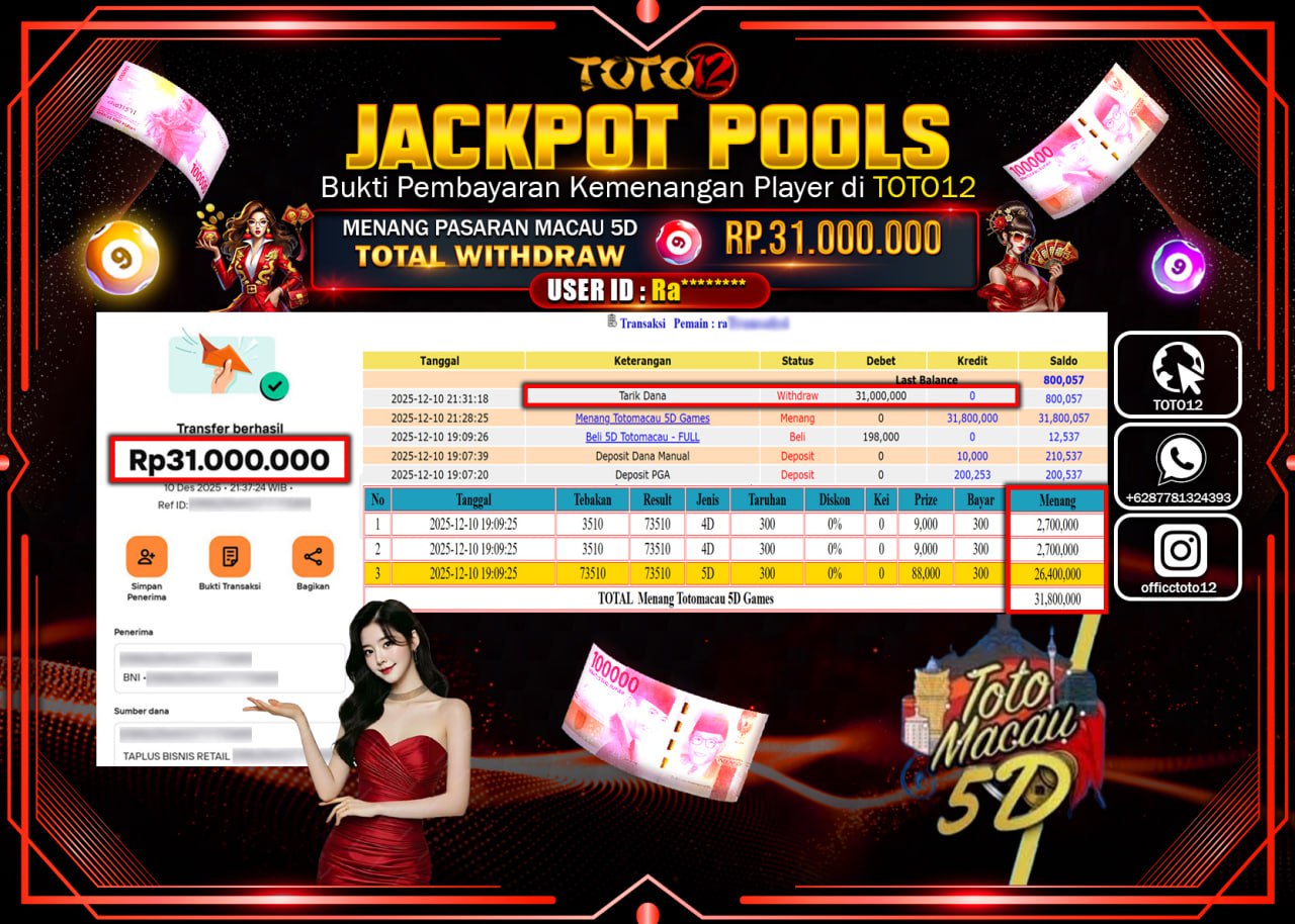 HANYA DI TOTO12 JP PASTI DI BAYAR LUNAS DAN CEPAT!!!!!! JACKPOT POOLS PASARAN (MACAU 5D) Rp.31.000.000 !!!!