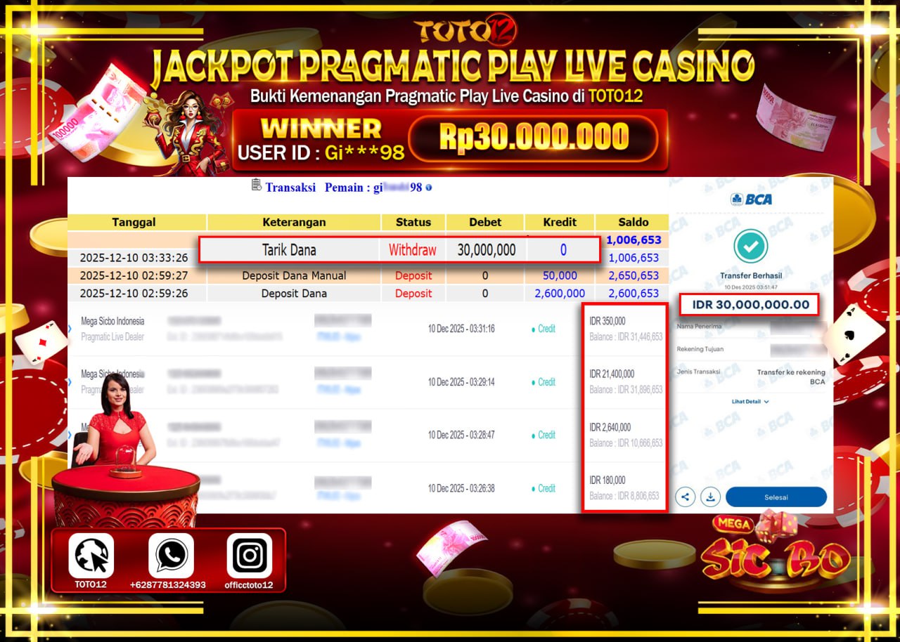 HANYA DI TOTO12 JP PASTI DI BAYAR LUNAS DAN CEPAT!!!!!! JACKPOT PRAGMATIC PLAY LIVE CASINO (MEGA SICBO) Rp.30.000.000 !!!!