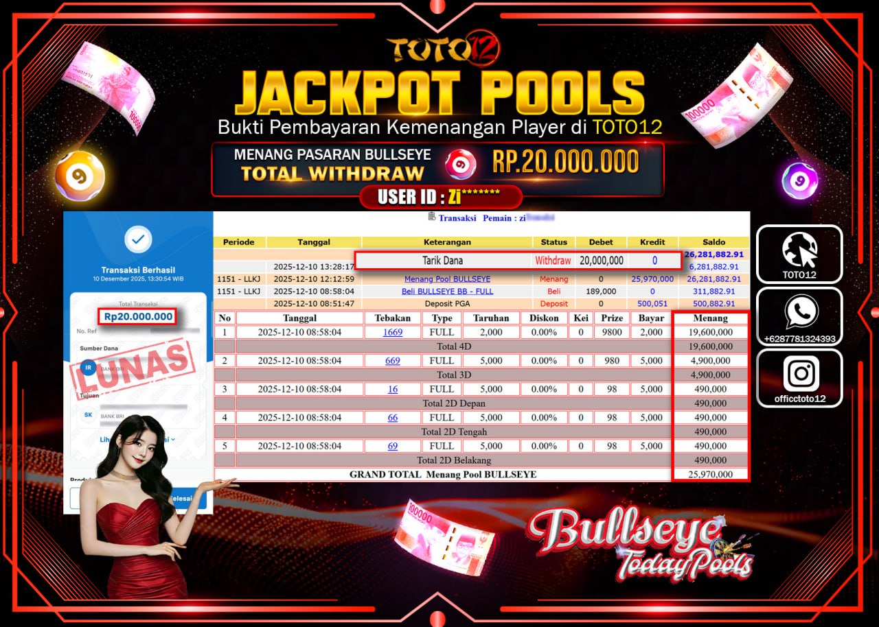 HANYA DI TOTO12 JP PASTI DI BAYAR LUNAS DAN CEPAT!!!!!! JACKPOT POOLS PASARAN (BULLSEYE) Rp.20.000.000 !!!!