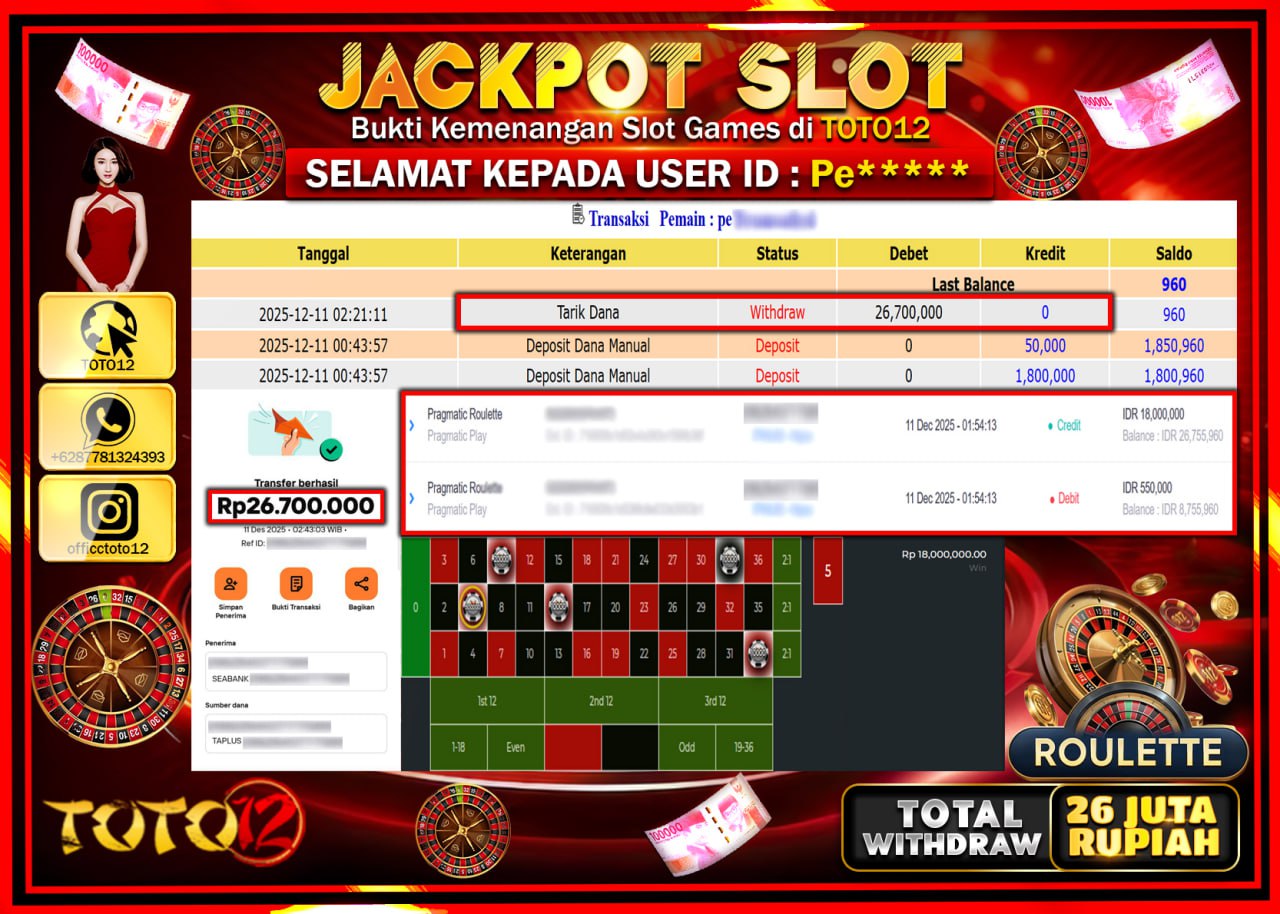 HANYA DI TOTO12 JP PASTI DI BAYAR LUNAS DAN CEPAT!!!!!! JACKPOT SLOT GAME (ROULETTE) Rp.26.700.000 !!!!