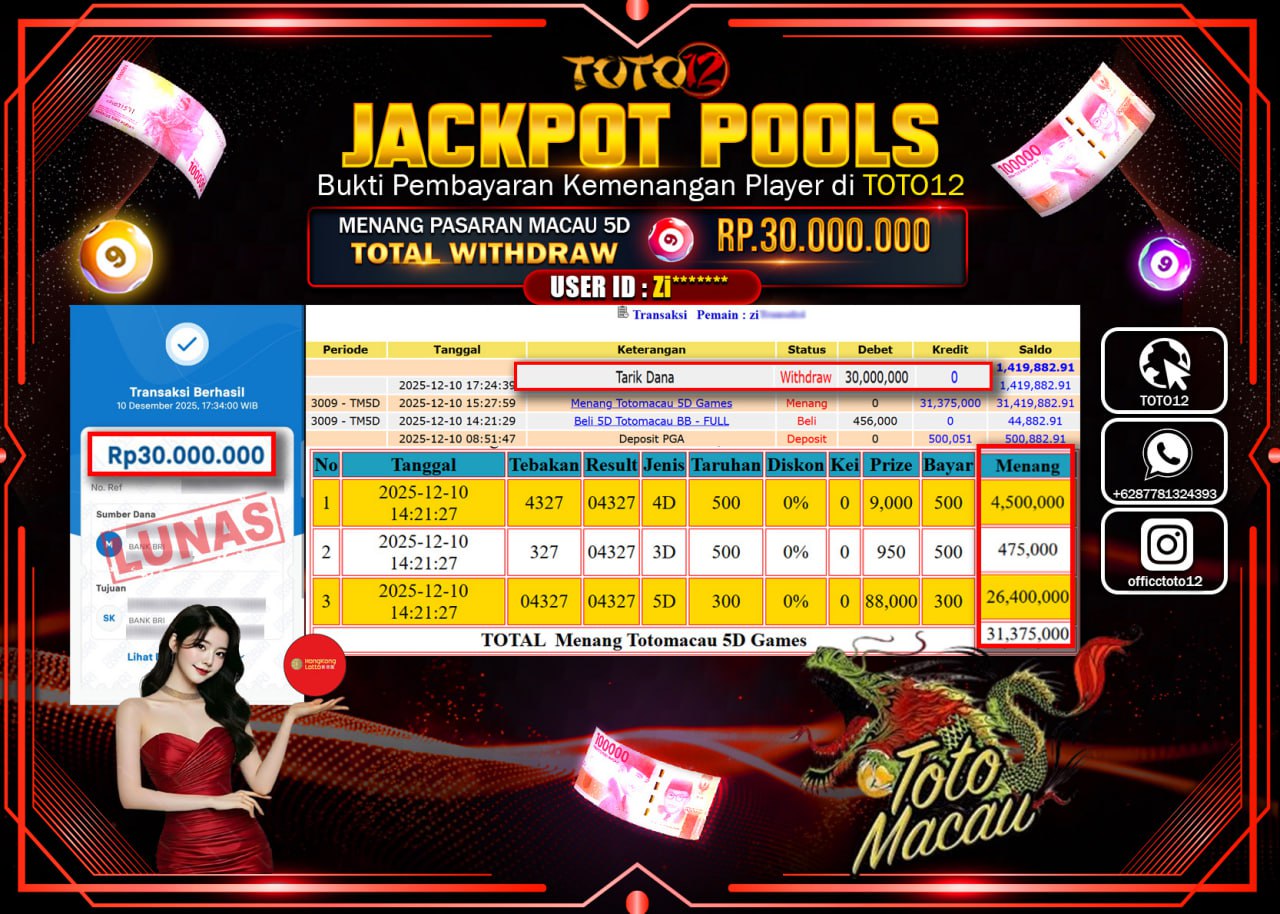 HANYA DI TOTO12 JP PASTI DI BAYAR LUNAS DAN CEPAT!!!!!! JACKPOT POOLS PASARAN (MACAU 5D) Rp.30.000.000 !!!!