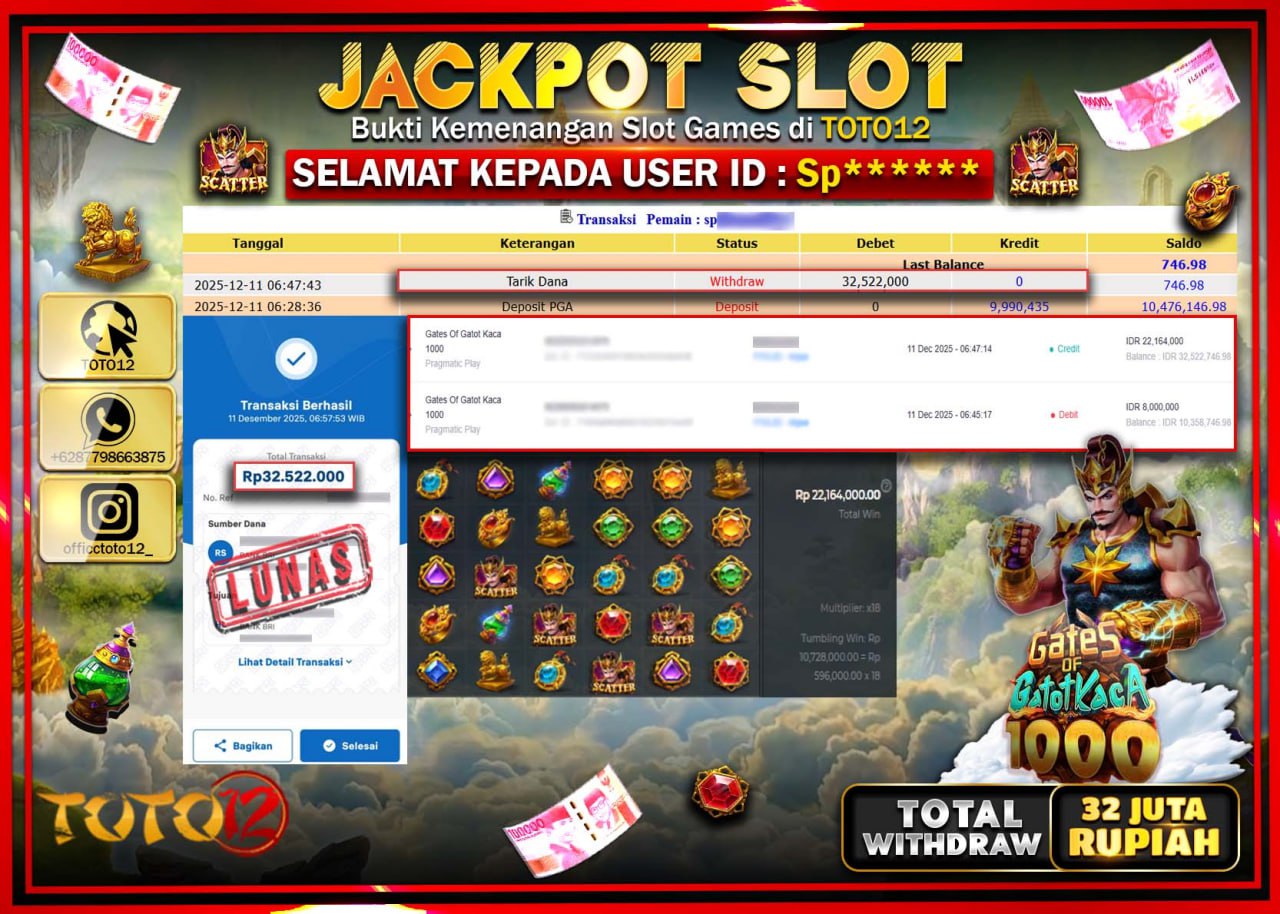 HANYA DI TOTO12 JP PASTI DI BAYAR LUNAS DAN CEPAT!!!!!! JACKPOT SLOT GAME (GATES OF GATOT KACA 1000) Rp.32.522.000 !!!!