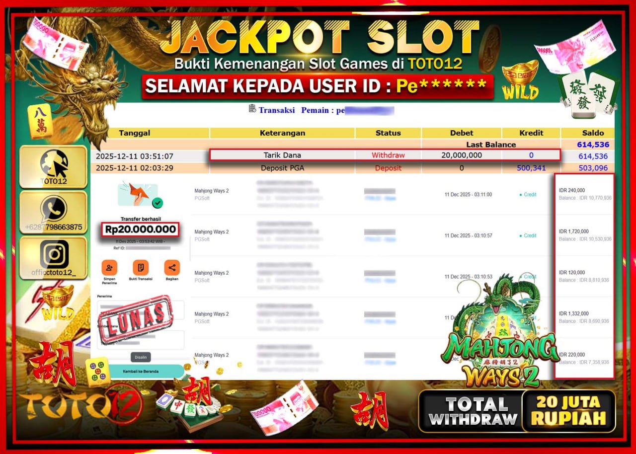 HANYA DI TOTO12 JP PASTI DI BAYAR LUNAS DAN CEPAT!!!!!! JACKPOT SLOT GAME (MAHJONG WAYS 2) Rp.20.000.000 !!!!