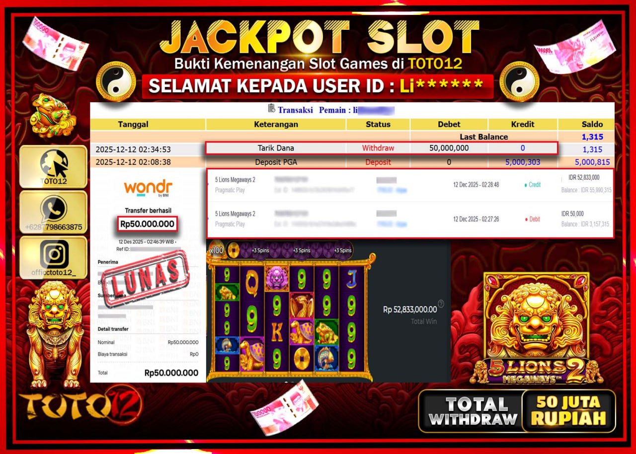 HANYA DI TOTO12 JP PASTI DI BAYAR LUNAS DAN CEPAT!!!!!! JACKPOT SLOT GAME (5 LIONS MEGAWAYS 2) Rp.50.000.000 !!!!