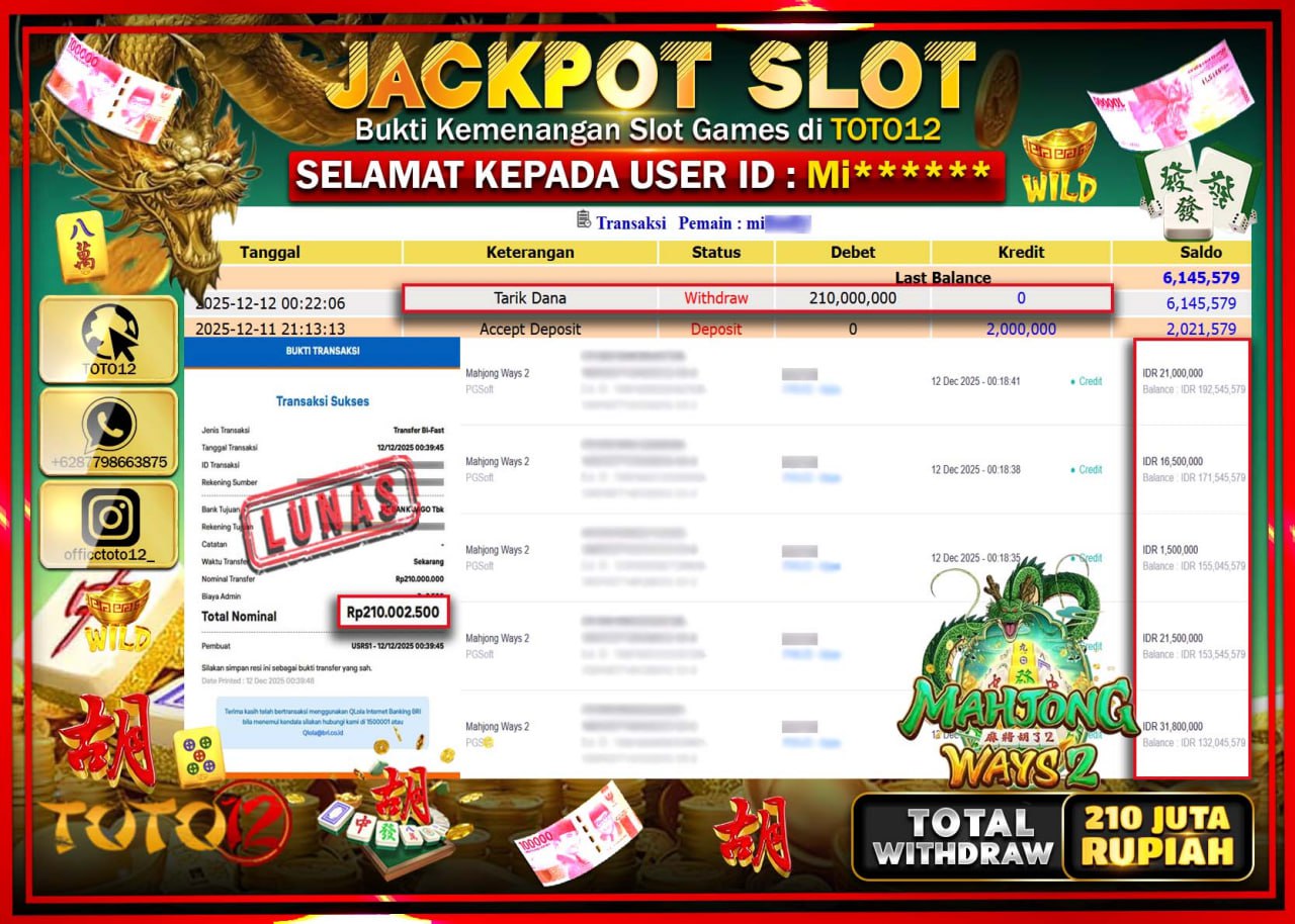 HANYA DI TOTO12 JP PASTI DI BAYAR LUNAS DAN CEPAT!!!!!! JACKPOT SLOT GAME (MAHJONG WAYS 2) Rp.210.000.000 !!!!