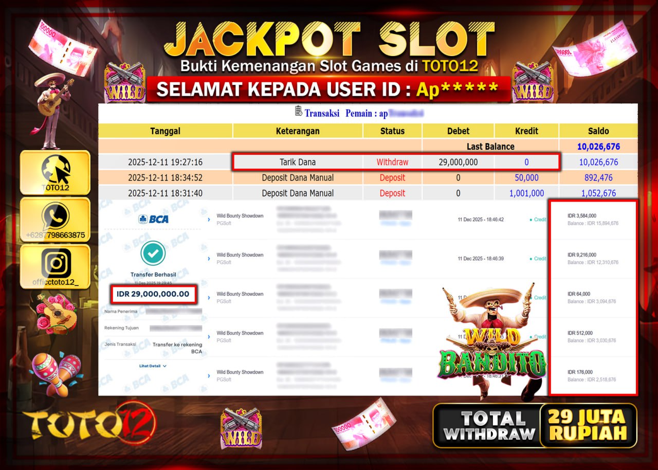 HANYA DI TOTO12 JP PASTI DI BAYAR LUNAS DAN CEPAT!!!!!! JACKPOT SLOT GAME (WILD BANDITO) Rp.29.000.000 !!!!