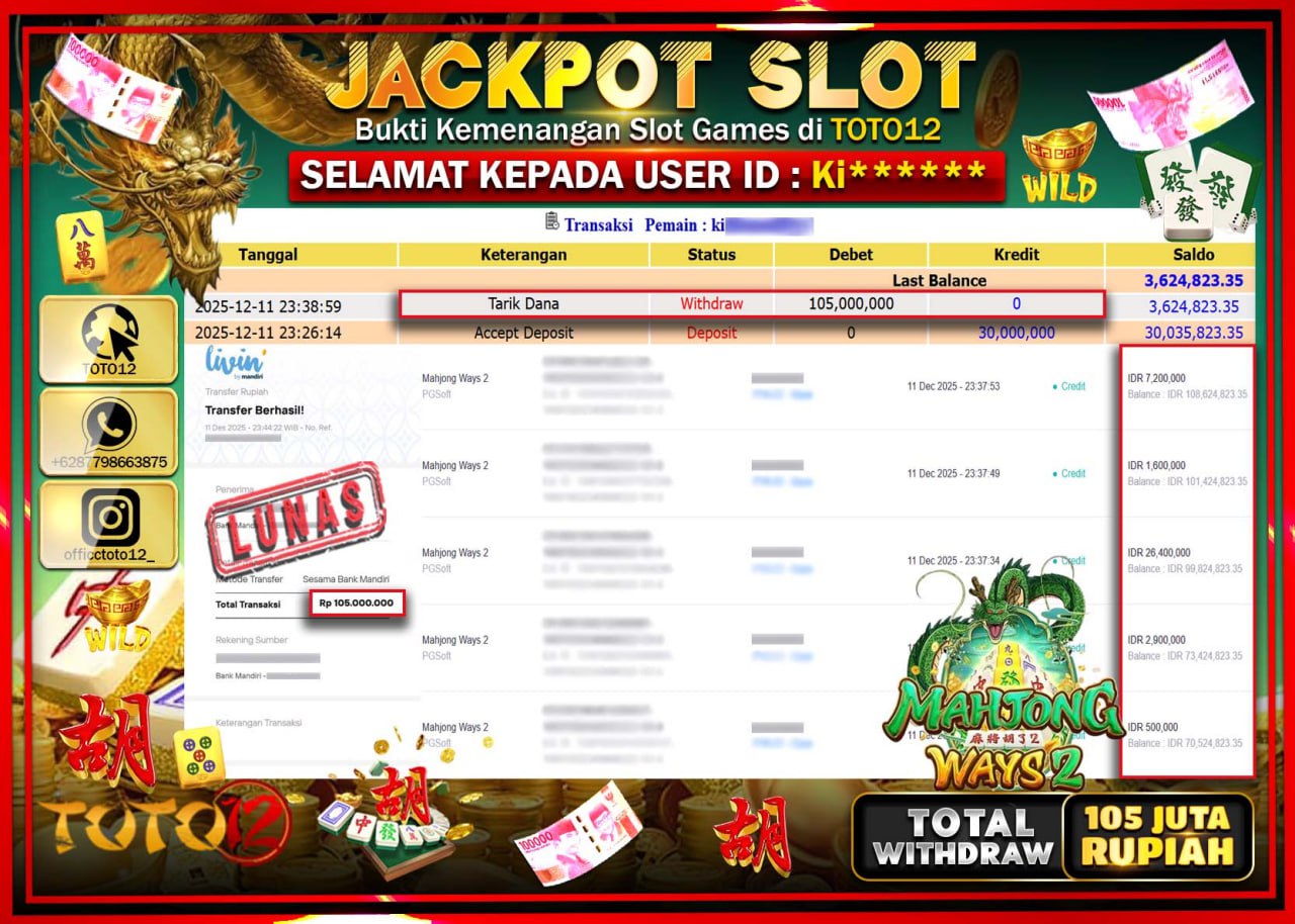 HANYA DI TOTO12 JP PASTI DI BAYAR LUNAS DAN CEPAT!!!!!! JACKPOT SLOT GAME (MAHJONG WAYS 2) Rp.105.000.000 !!!!