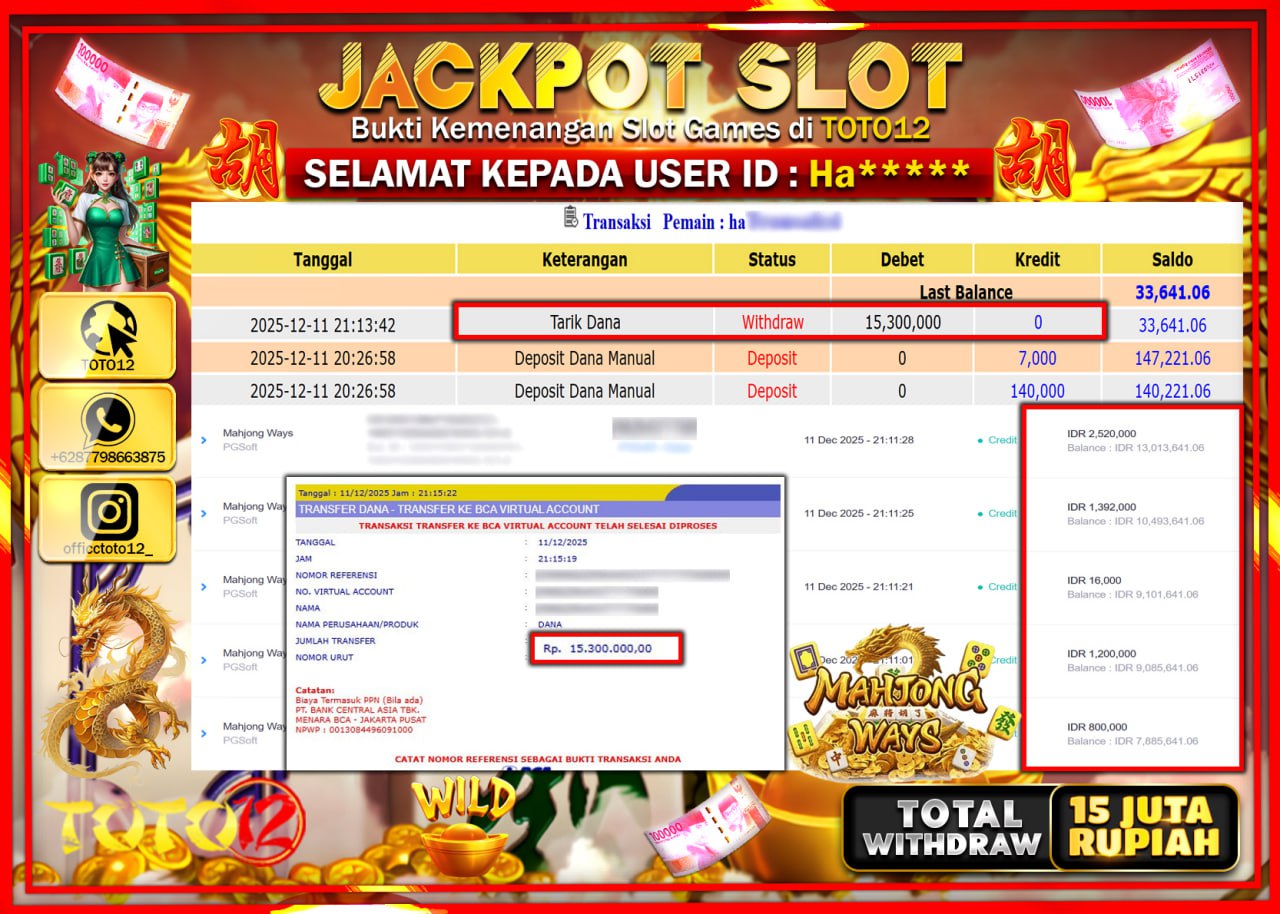 HANYA DI TOTO12 JP PASTI DI BAYAR LUNAS DAN CEPAT!!!!!! JACKPOT SLOT GAME (MAHJONG WAYS) Rp.15.300.000 !!!!