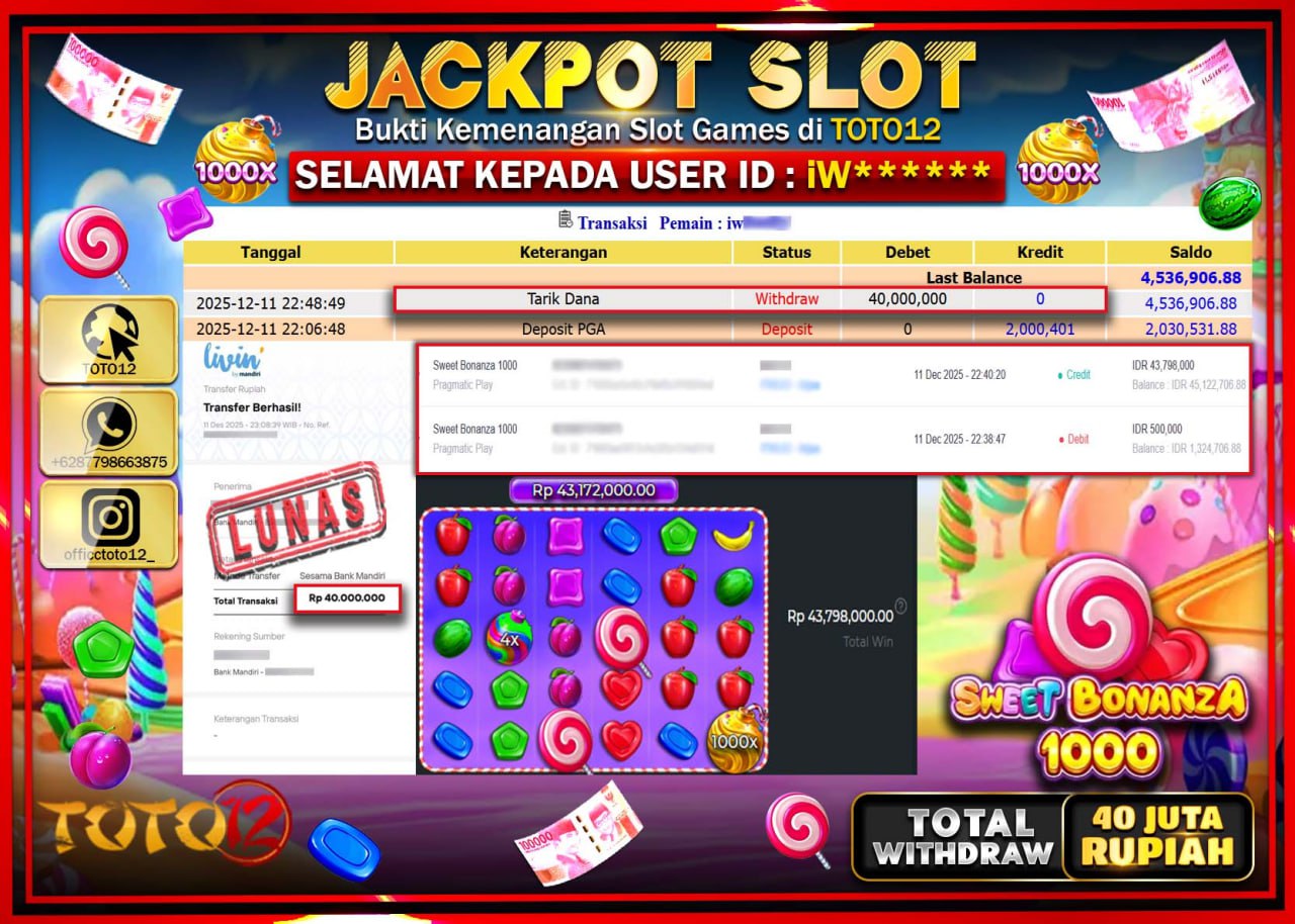 HANYA DI TOTO12 JP PASTI DI BAYAR LUNAS DAN CEPAT!!!!!! JACKPOT SLOT GAME (SWEET BONANZA 1000) Rp.40.000.000 !!!!