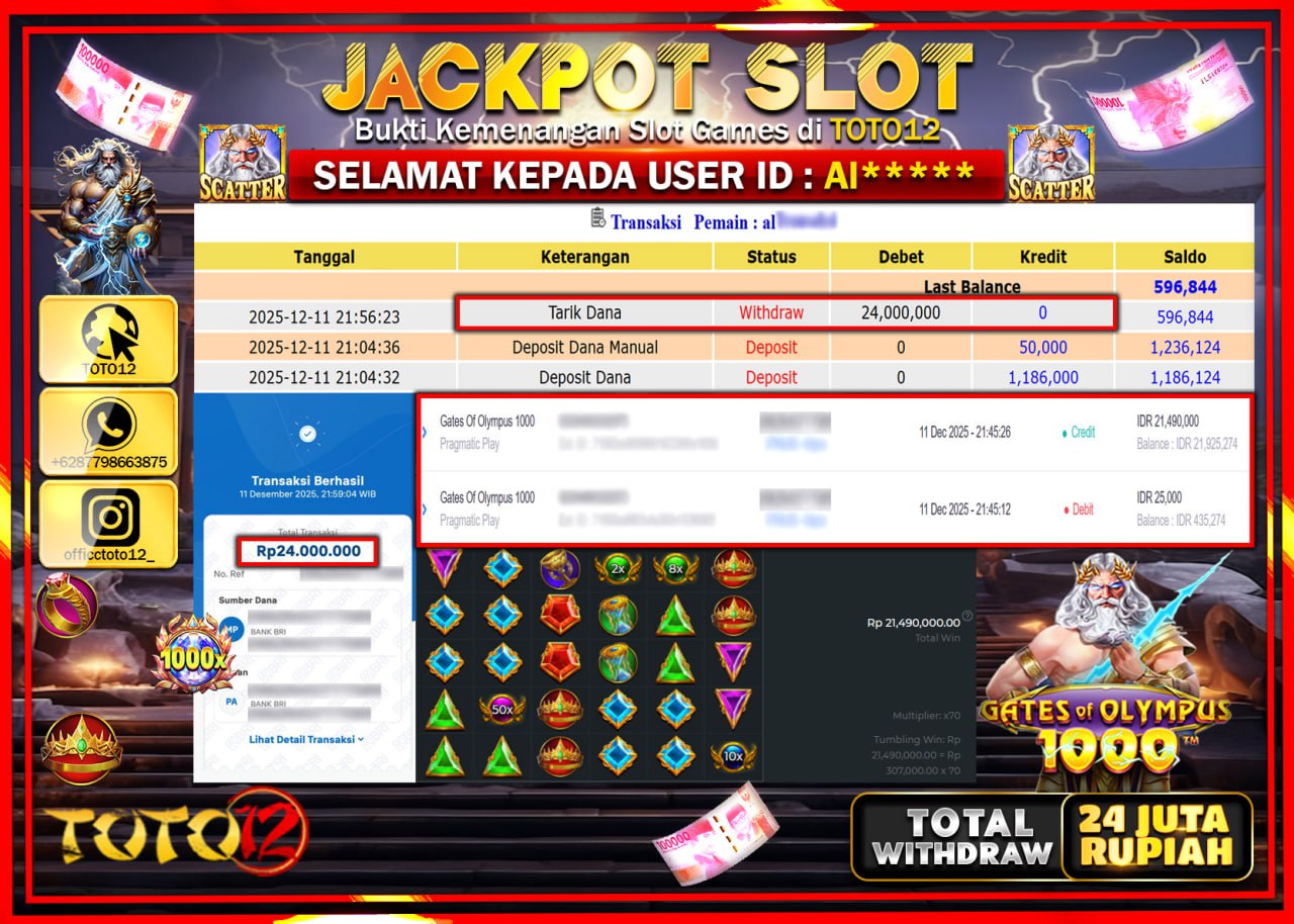 HANYA DI TOTO12 JP PASTI DI BAYAR LUNAS DAN CEPAT!!!!!! JACKPOT SLOT GAME (GATES OF OLYMPUS 1000) Rp.24.000.000 !!!!