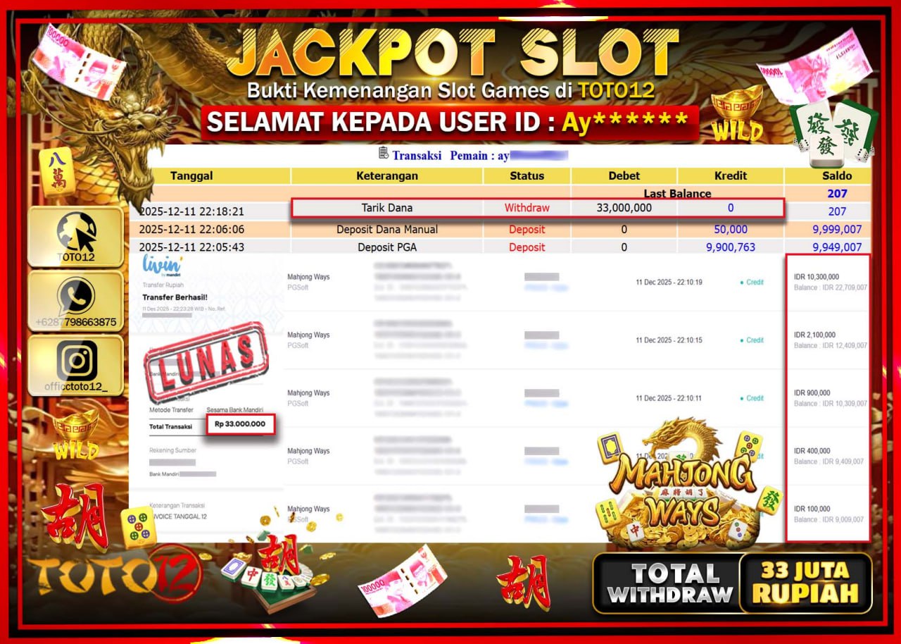 HANYA DI TOTO12 JP PASTI DI BAYAR LUNAS DAN CEPAT!!!!!! JACKPOT SLOT GAME (MAHJONG WAYS) Rp.33.000.000 !!!!