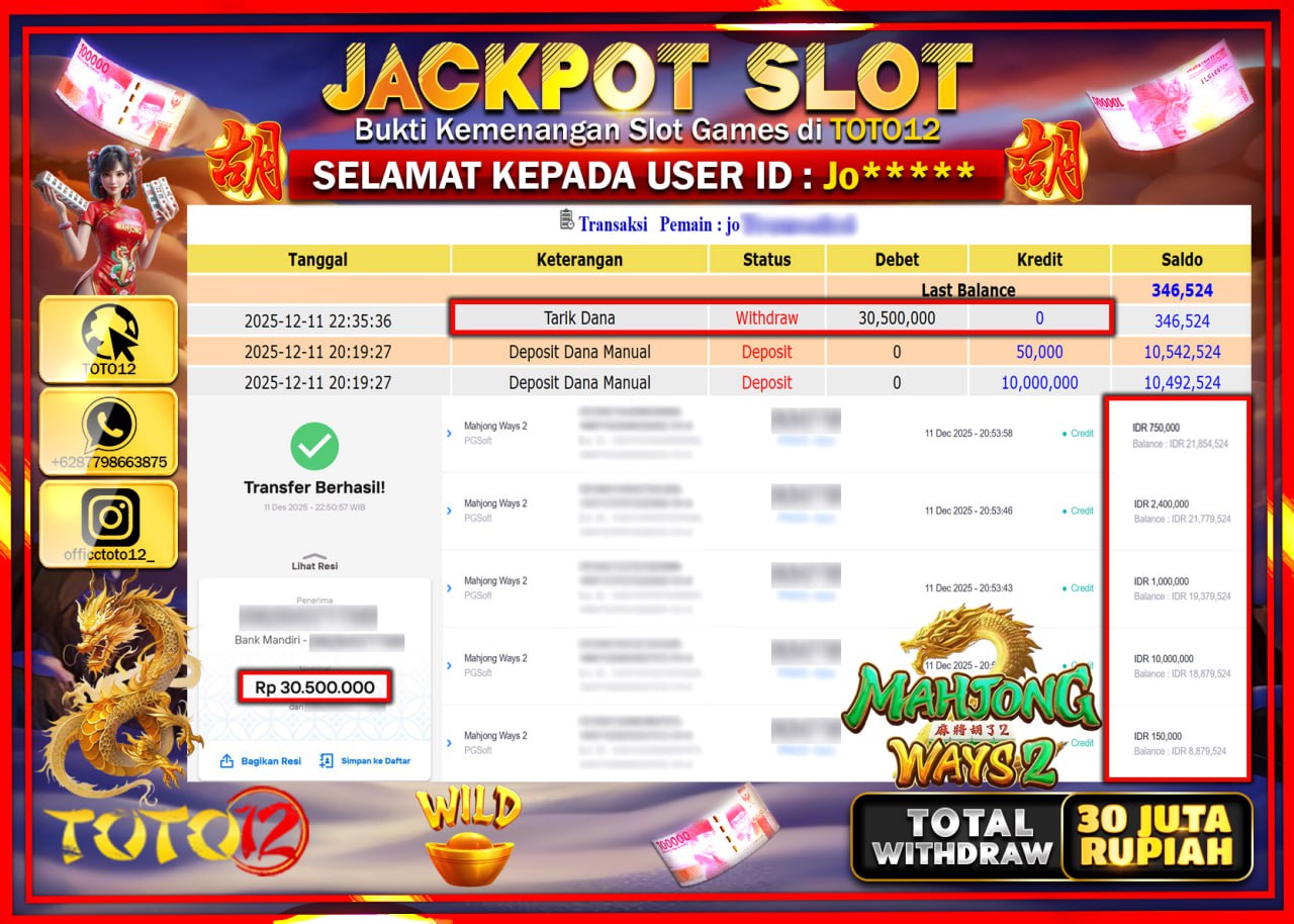 HANYA DI TOTO12 JP PASTI DI BAYAR LUNAS DAN CEPAT!!!!!! JACKPOT SLOT GAME (MAHJONG WAYS 2) Rp.30.500.000 !!!!