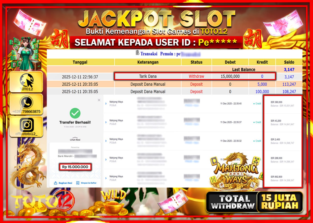 HANYA DI TOTO12 JP PASTI DI BAYAR LUNAS DAN CEPAT!!!!!! JACKPOT SLOT GAME (MAHJONG WAYS) Rp.15.000.000 !!!!