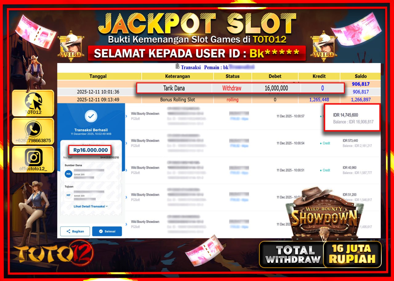 HANYA DI TOTO12 JP PASTI DI BAYAR LUNAS DAN CEPAT!!!!!! JACKPOT SLOT GAME (WILD BOUNTY SHOWDOWN) Rp.16.000.000 !!!!