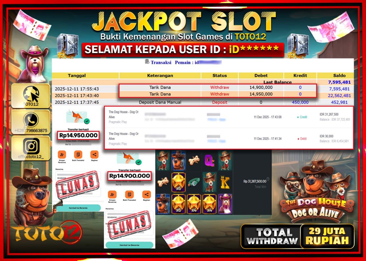 HANYA DI TOTO12 JP PASTI DI BAYAR LUNAS DAN CEPAT!!!!!! JACKPOT SLOT GAME (THE DOG HOUSE DOG OR ALIVE) Rp.29.850.000 !!!!