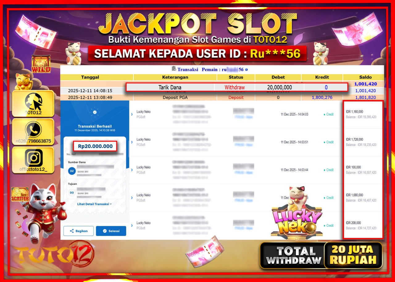 HANYA DI TOTO12 JP PASTI DI BAYAR LUNAS DAN CEPAT!!!!!! JACKPOT SLOT GAME (LUCKY NEKO) Rp.20.000.000 !!!!