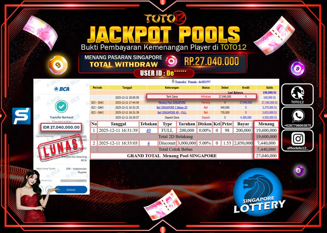 HANYA DI TOTO12 JP PASTI DI BAYAR LUNAS DAN CEPAT!!!!!! JACKPOT POOLS PASARAN (SINGAPORE) Rp.27.040.000 !!!!