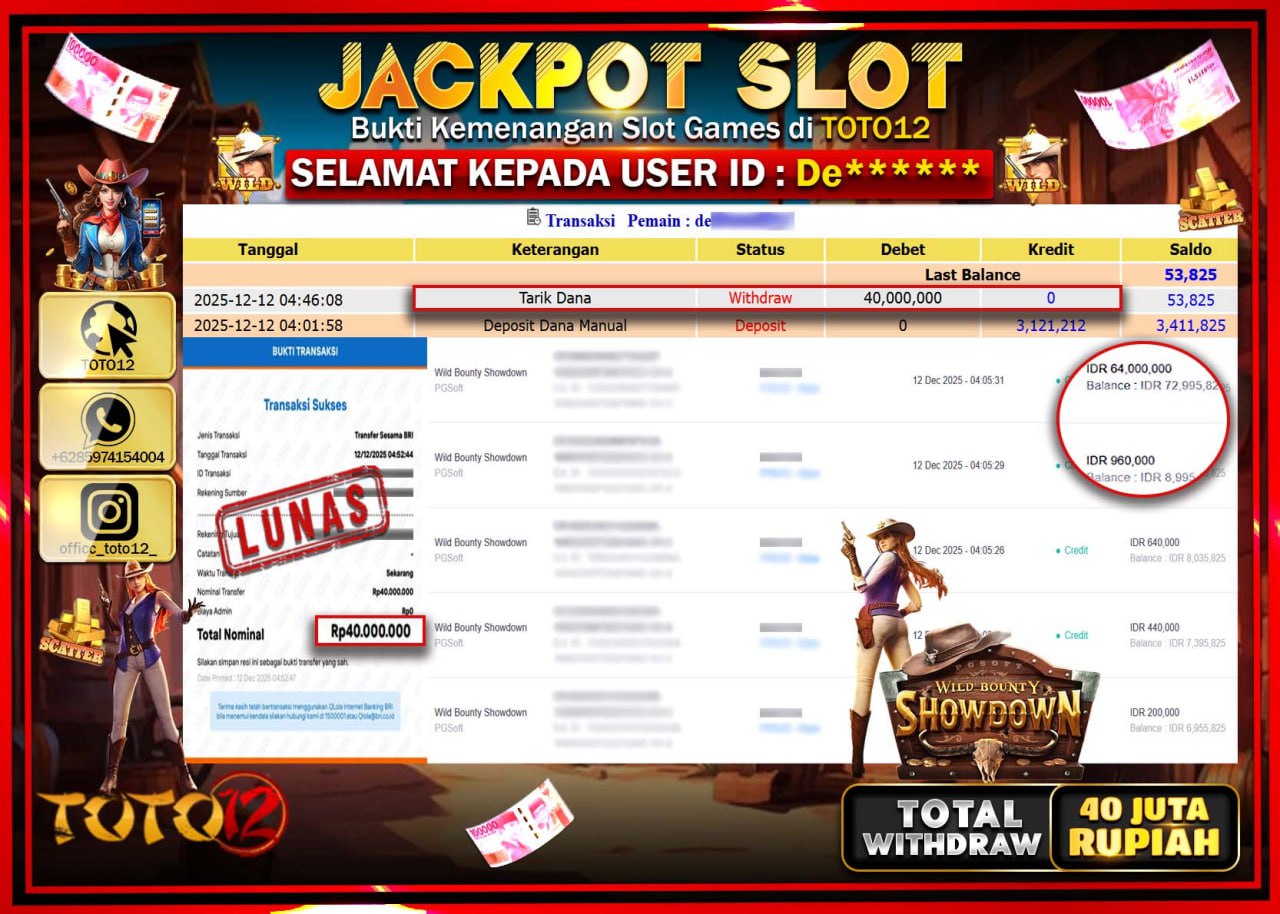 HANYA DI TOTO12 JP PASTI DI BAYAR LUNAS DAN CEPAT!!!!!! JACKPOT SLOT GAME (WILD BOUNTY SHOWDOWN) Rp.40.000.000 !!!!