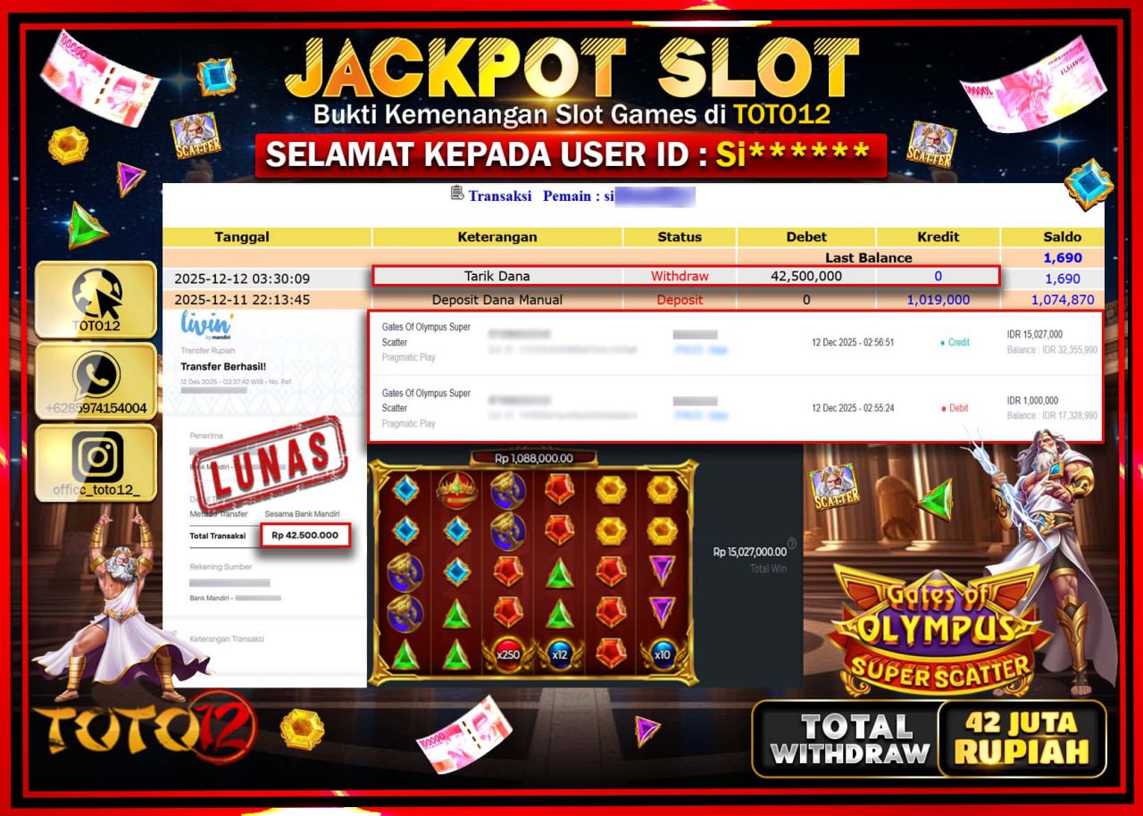 HANYA DI TOTO12 JP PASTI DI BAYAR LUNAS DAN CEPAT!!!!!! JACKPOT SLOT GAME (GATES OF OLYMPUS SUPER SCATTER) Rp.42.500.000 !!!!