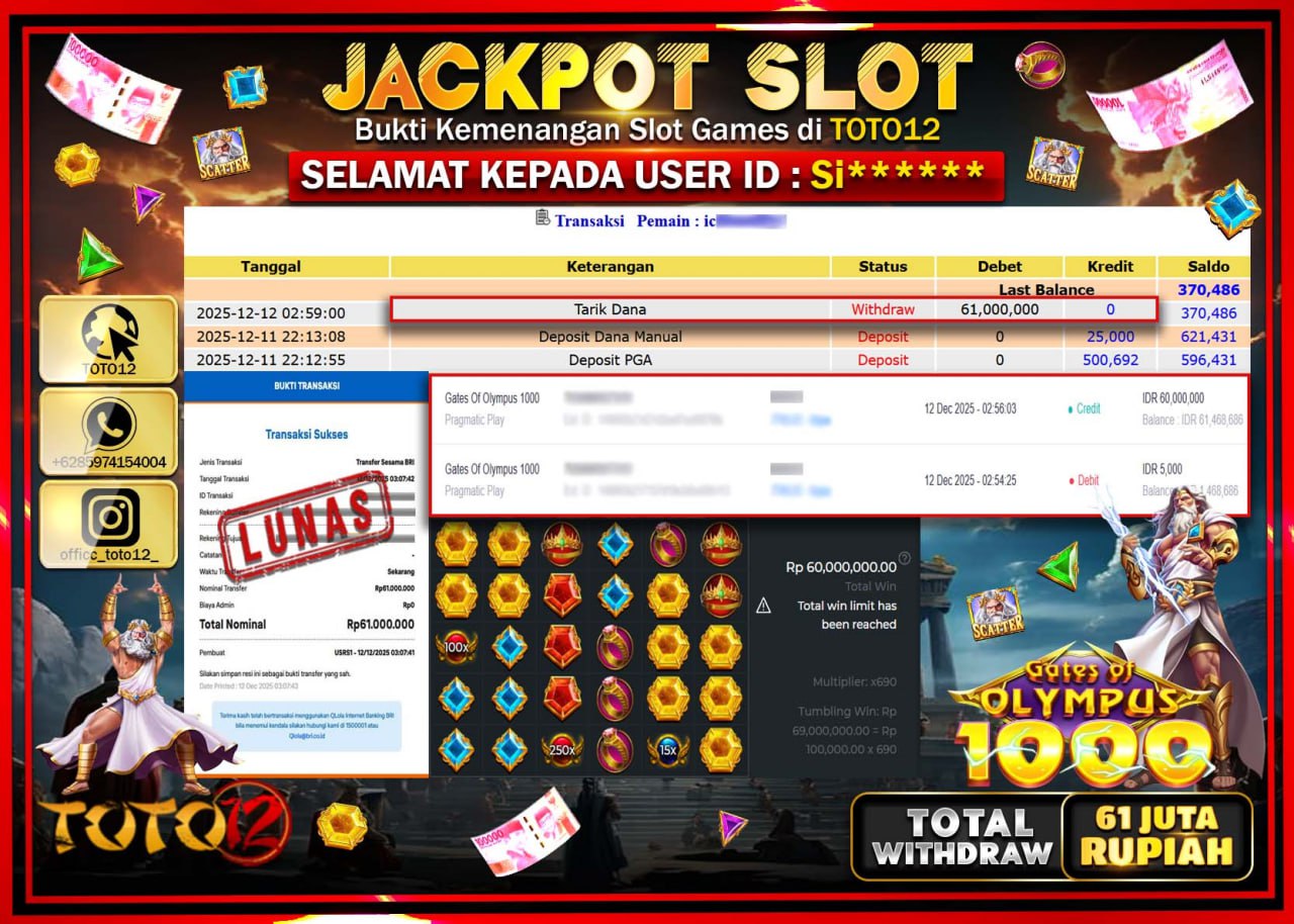 HANYA DI TOTO12 JP PASTI DI BAYAR LUNAS DAN CEPAT!!!!!! JACKPOT SLOT GAME (GATES OF OLYMPUS 1000) Rp.61.000.000 !!!!