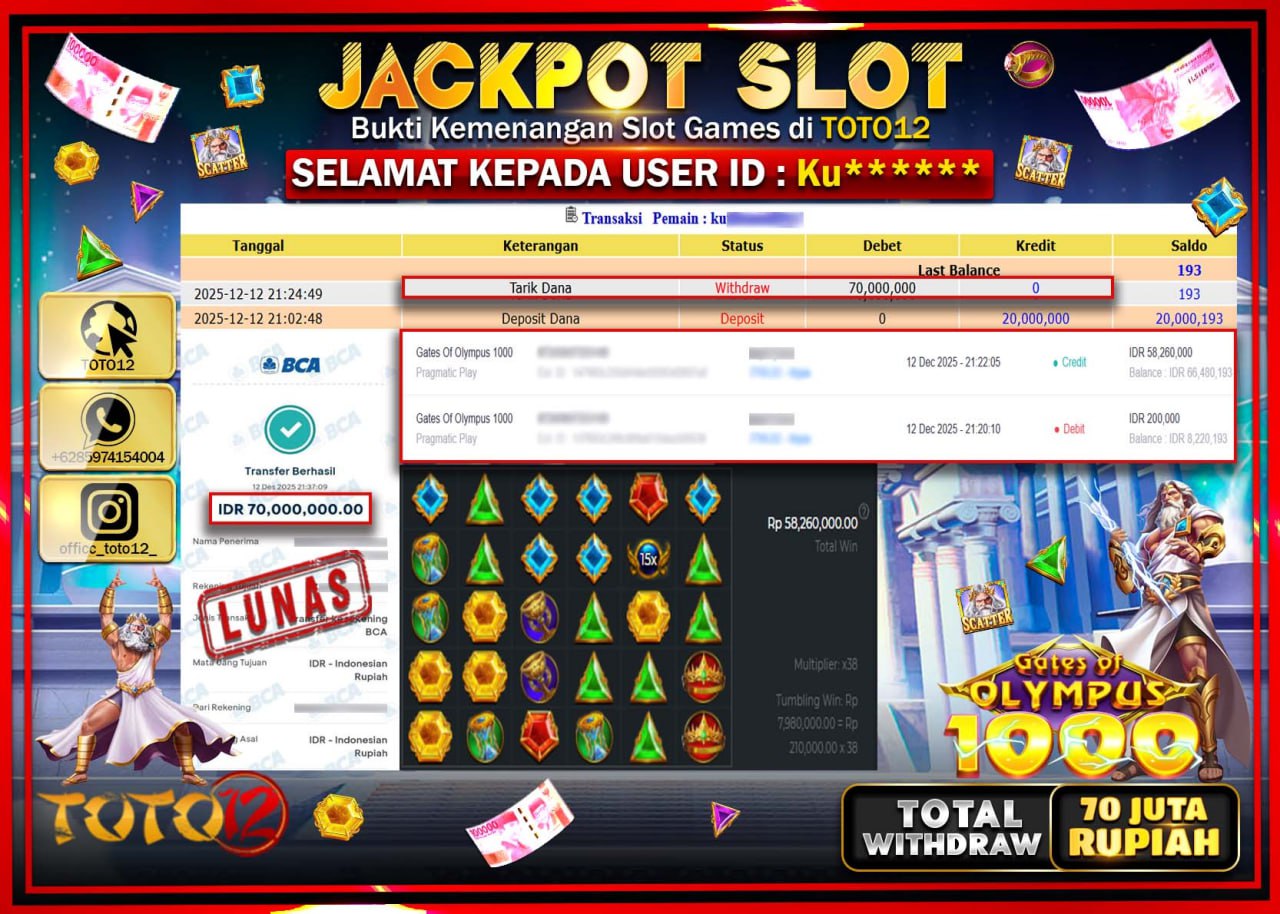 HANYA DI TOTO12 JP PASTI DI BAYAR LUNAS DAN CEPAT!!!!!! JACKPOT SLOT GAME (GATES OF OLYMPUS 1000) Rp.70.000.000 !!!!