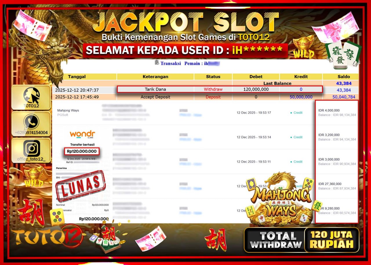 HANYA DI TOTO12 JP PASTI DI BAYAR LUNAS DAN CEPAT!!!!!! JACKPOT SLOT GAME (MAHJONG WAYS) Rp.120.000.000 !!!!