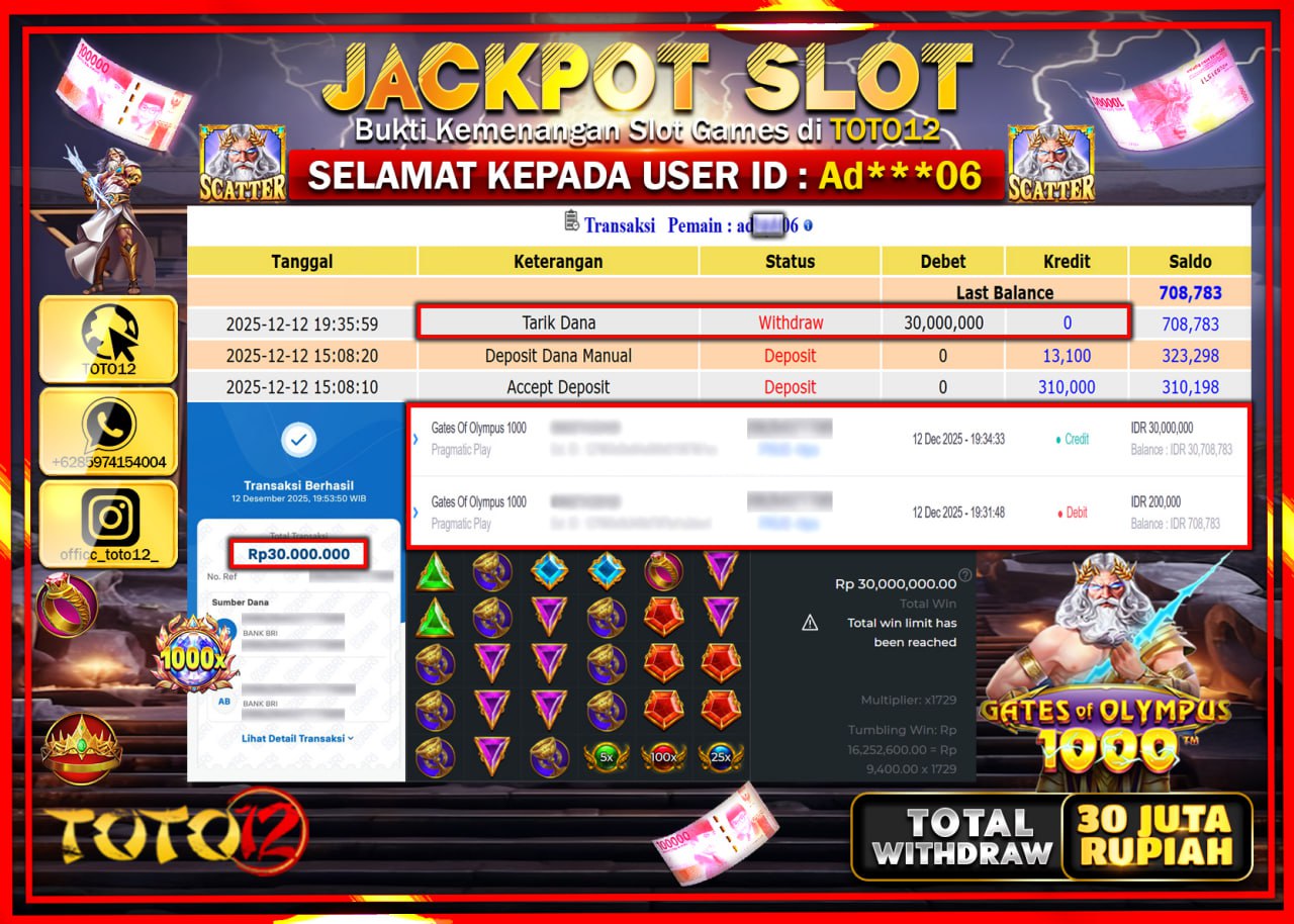 HANYA DI TOTO12 JP PASTI DI BAYAR LUNAS DAN CEPAT!!!!!! JACKPOT SLOT GAME (GATES OF OLYMPUS 1000) Rp.30.000.000 !!!!